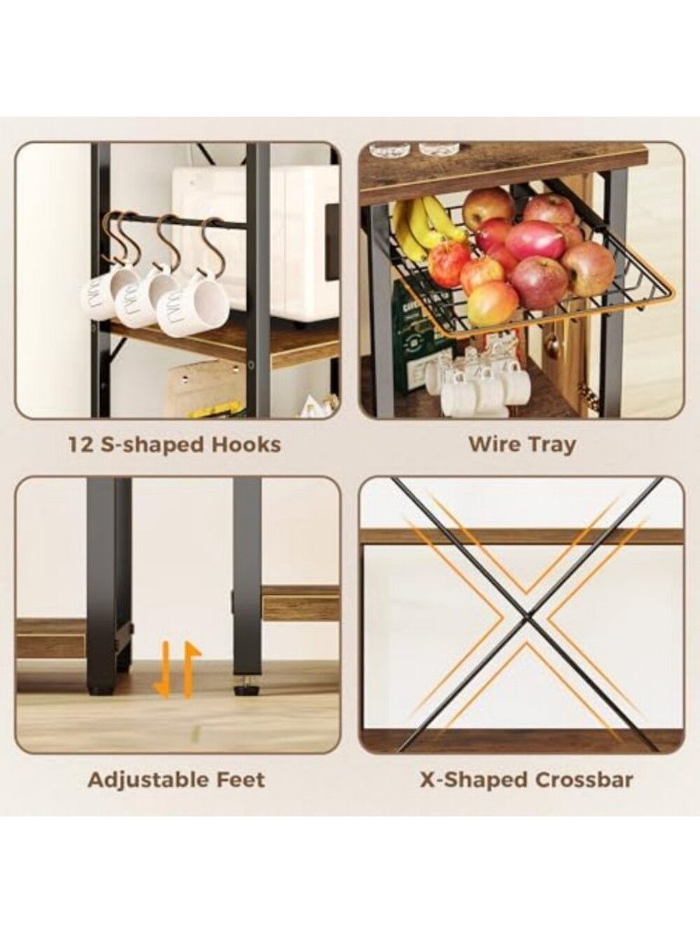 Rustic Brown Large Bakers Rack with Power Outlets - 39.4 Inch Microwave Stand - Picture 6 of 6